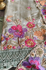 Elegant Shimmer Tissue Suit with 3D Parsi Embroidery & Organza Dupatta