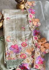 Elegant Shimmer Tissue Suit with 3D Parsi Embroidery & Organza Dupatta