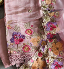 Elegant Shimmer Tissue Suit with 3D Parsi Embroidery & Organza Dupatta