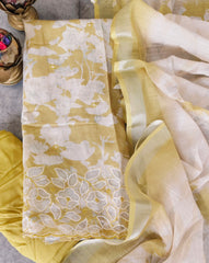 Elegant Cotton Linen Suit with  Laser-Cut Detailing & Embroidery