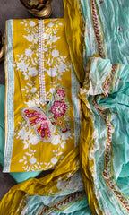 Graceful Printed Cotton Suit with Pearl & Bead Butterfly Detailing