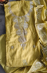 Elegant Mul Chanderi Un-Stitched Suit with Pita & Thread Embroidery Detailing