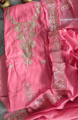Elegant Mul Chanderi Un-Stitched Suit with Pita & Thread Embroidery Detailing