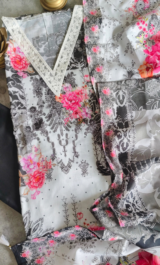 Pakistani Style Cotton Digital Print Suit with Crochet Lacing & Tassel Dupatta