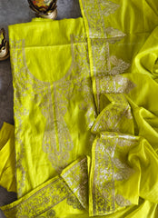 Elegant Mul Chanderi Un-Stitched Suit with Pita & Thread Embroidery Detailing