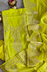 Elegant Mul Chanderi Un-Stitched Suit with Pita & Thread Embroidery Detailing
