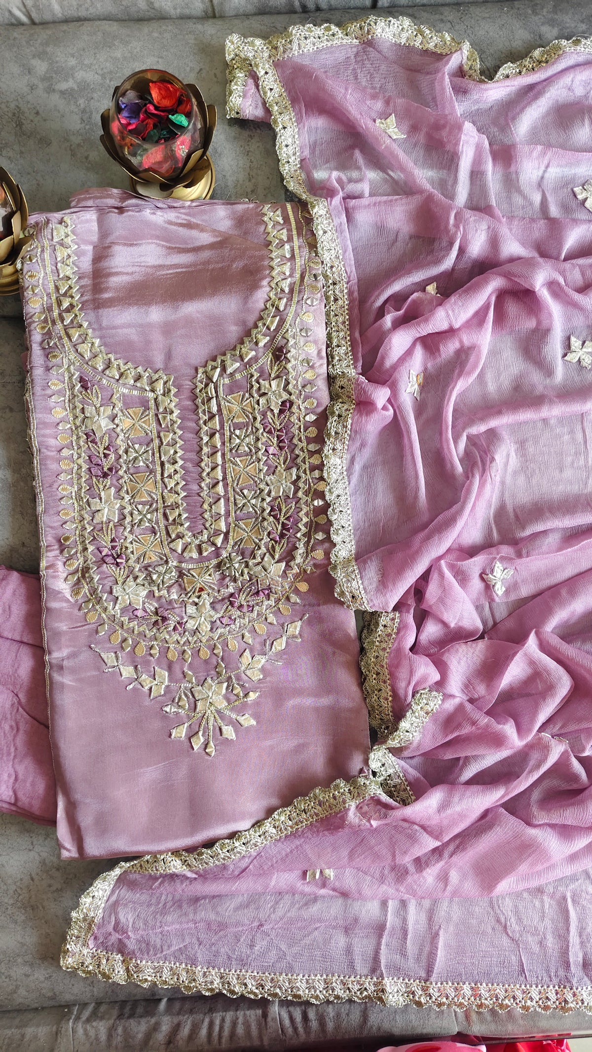 Opulent Elegance Shimmer Tissue Unstitched Suit with Gotta Detailing