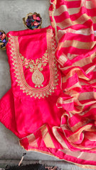 Maheshwari Silk Unstitched Suit with Zari Work and Banarasi Border