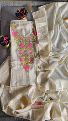 Festive Shimmer Tissue Suit Set with Pearl Detailing and Banarasi Dupatta