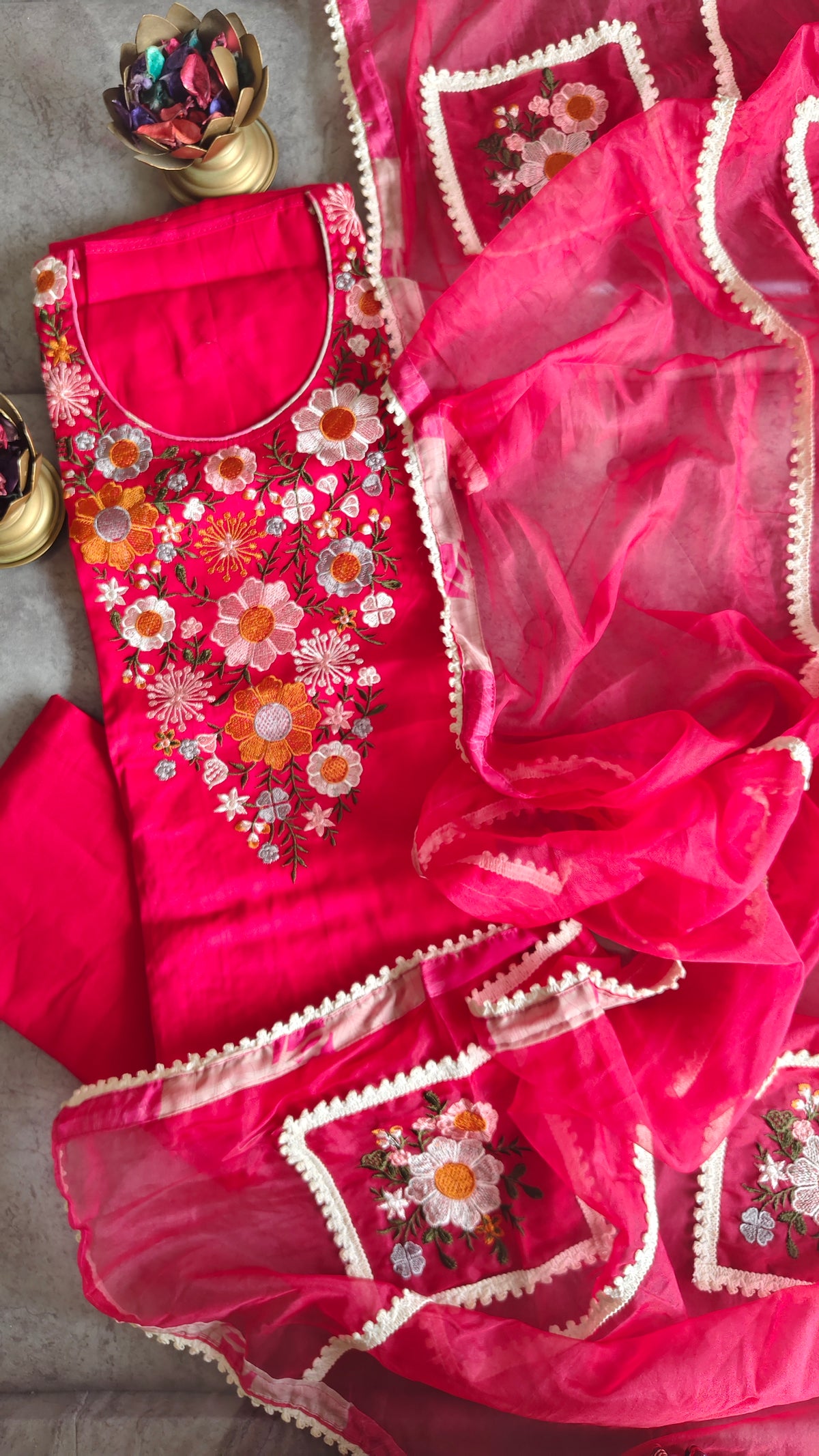 Jaam Cotton Embroidered Suit Set with Organza Dupatta & Crochet Detailing