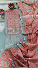 Elegant Linen Digital Print Suit Set with Kantha Work Detailing