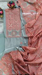 Elegant Linen Digital Print Suit Set with Kantha Work Detailing