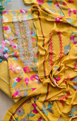 Cotton Digital Print Unstitched Suit with Neck Work