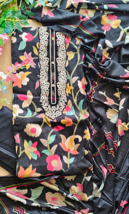 Cotton Digital Print Unstitched Suit with Neck Work