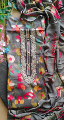 Cotton Digital Print Unstitched Suit with Neck Work
