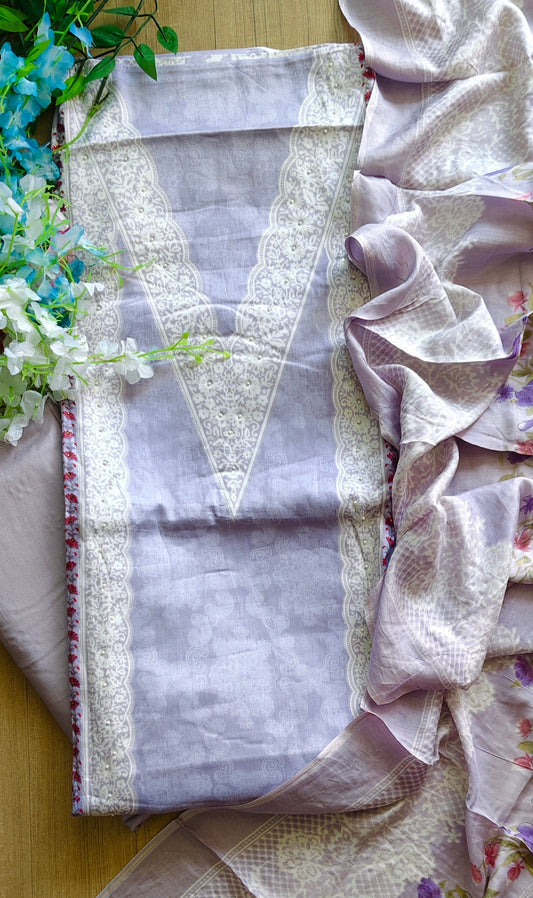 Soft Cotton Digital Print Suit with Daman Lacing & Pearl Highlights