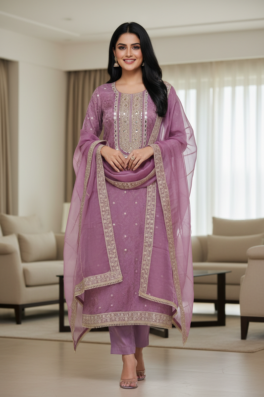 Luxury Shimmer Tissue Kurta Set with Pearl–Mirror Embellishment