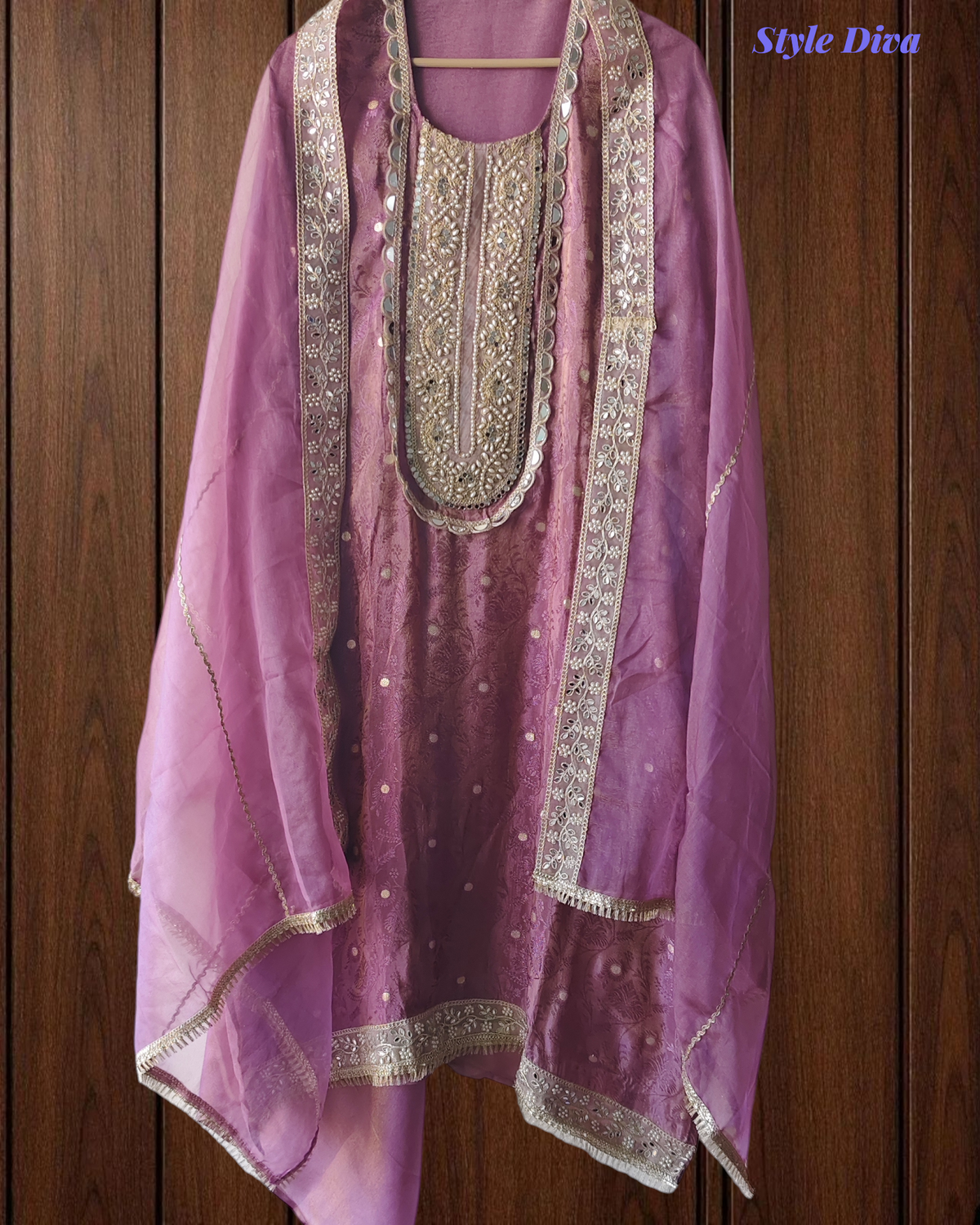 Luxury Shimmer Tissue Kurta Set with Pearl–Mirror Embellishment