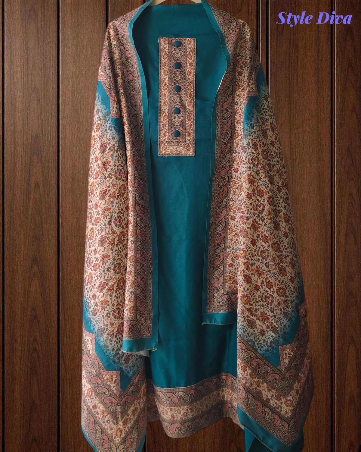 Winter Wear- Elegant Pashmina Winter Suit Set with Printed Neck & Daman Accents