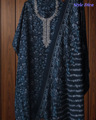 Winter Wear- Elegant Pashmina Floral Printed Winter Suit with Embroidered Neck