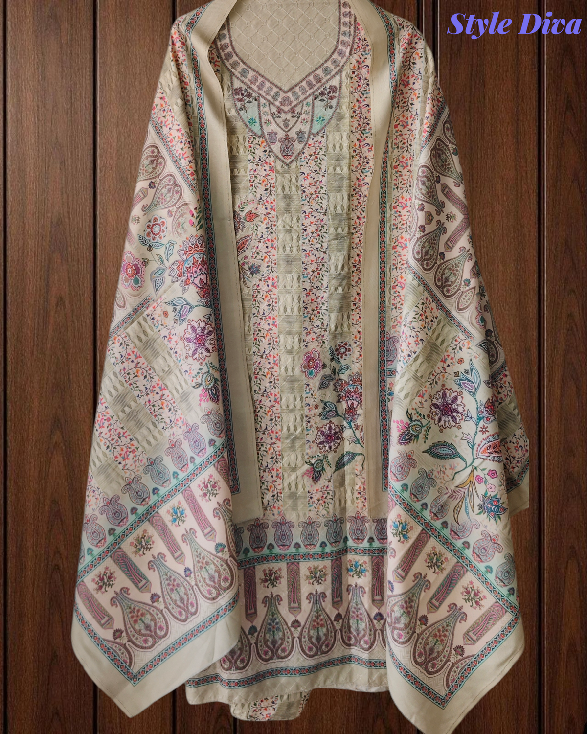 ( Light Green)Winter Wear- Elegant Self Embroidery Pashmina Floral Printed Winter Suit Set