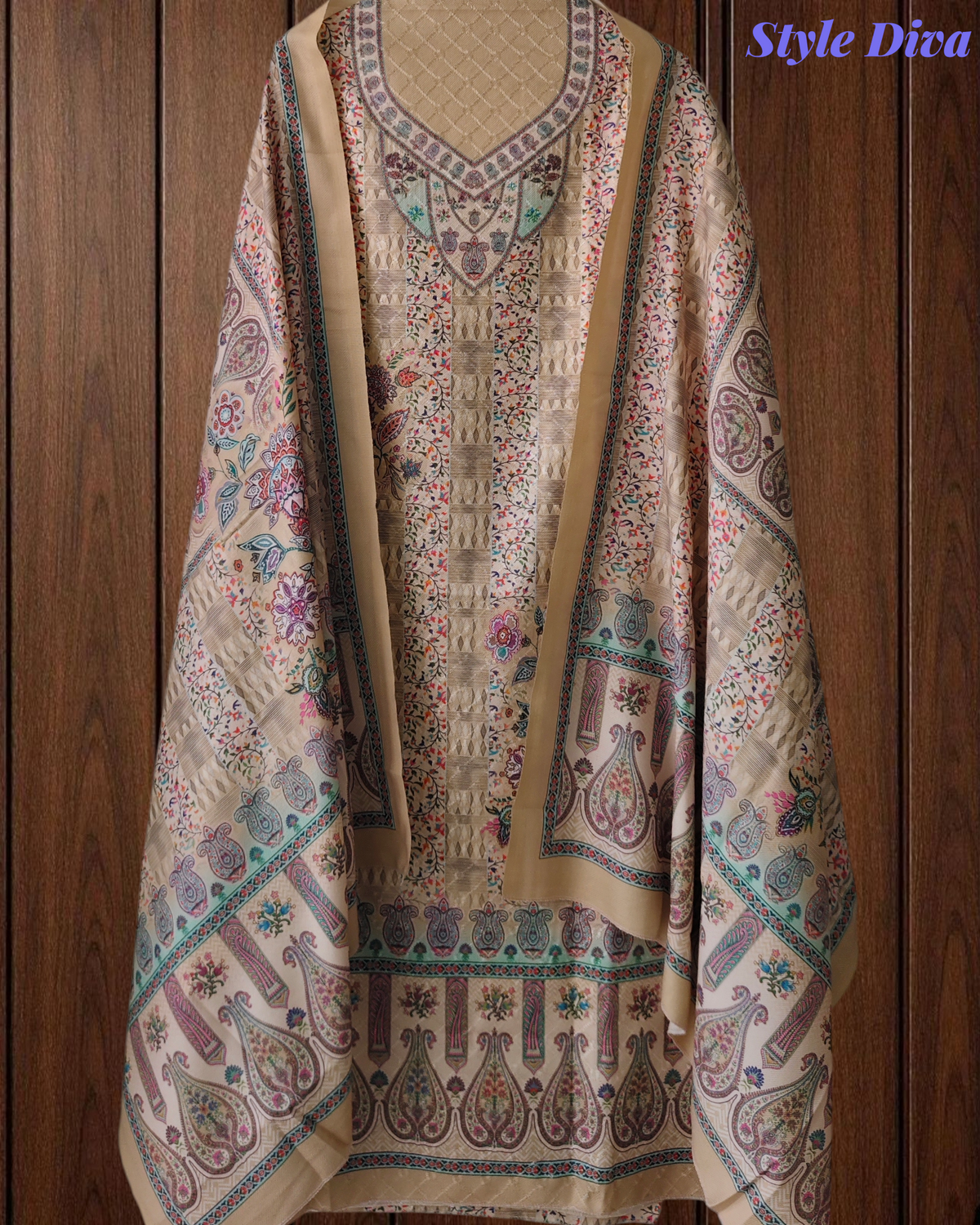 (Yellow)Winter Wear- Elegant Self Embroidery Pashmina Floral Printed Winter Suit Set