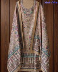 (Yellow)Winter Wear- Elegant Self Embroidery Pashmina Floral Printed Winter Suit Set