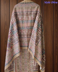 (Yellow)Winter Wear- Elegant Self Embroidery Pashmina Floral Printed Winter Suit Set