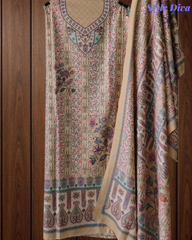 (Yellow)Winter Wear- Elegant Self Embroidery Pashmina Floral Printed Winter Suit Set