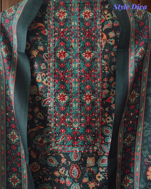 Winter Wear-Elegant Pashmina Floral Kantha Work Winter Suit Set