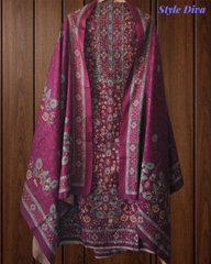 Winter Wear-Elegant Pashmina Floral Kantha Work Winter Suit Set