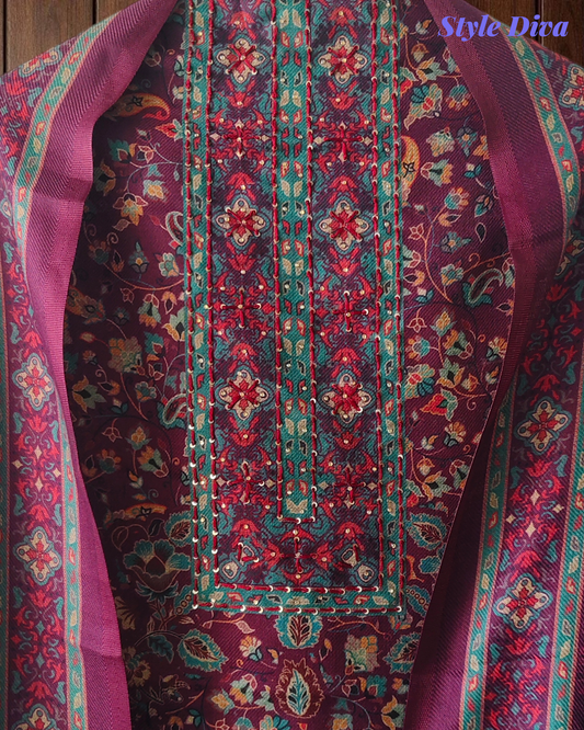 Winter Wear-Elegant Pashmina Floral Kantha Work Winter Suit Set