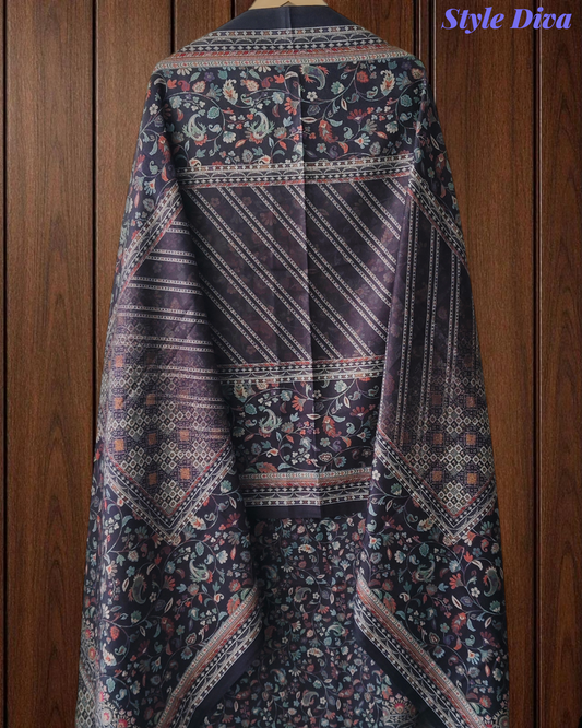 (Black)Winter Wear-Graceful Floral Pashmina Digital Print Un-Stitched Winter Suit