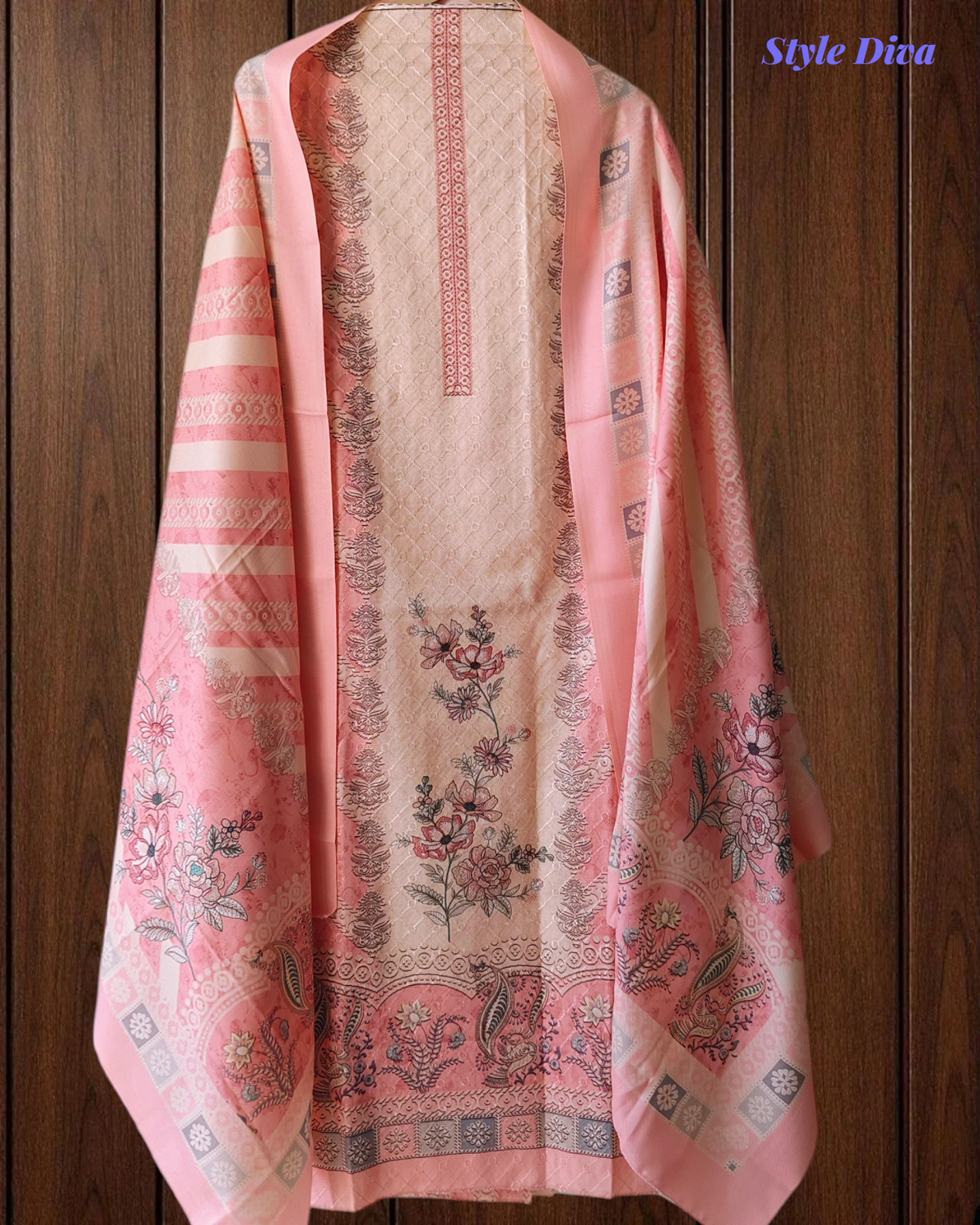 (Peach)Winter Wear- Elegant Self Embroidery Pashmina Floral Printed Winter Suit Set