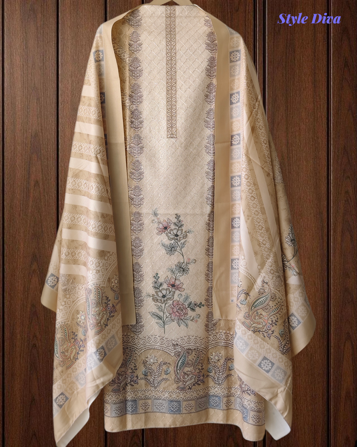 (Yellow )Winter Wear- Elegant Self Embroidery Pashmina Floral Printed Winter Suit Set