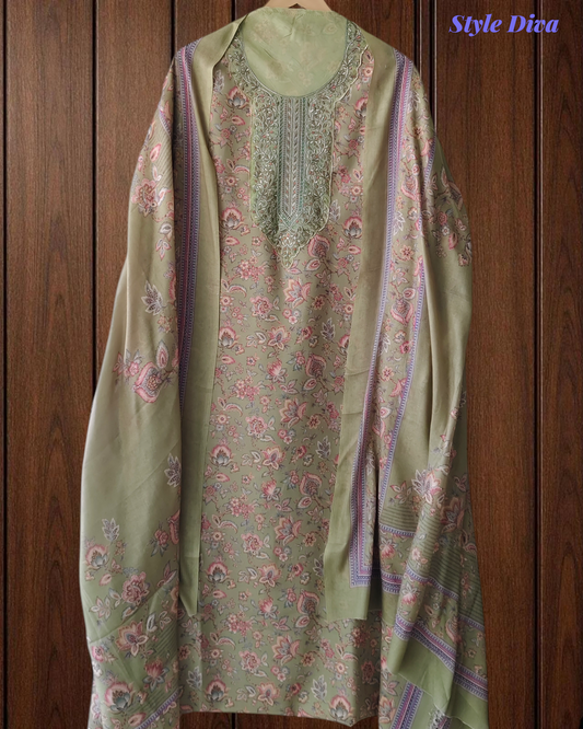 Winter Wear- Timeless Kashmiri Embroidered Pashmina Un-Stitched Suit