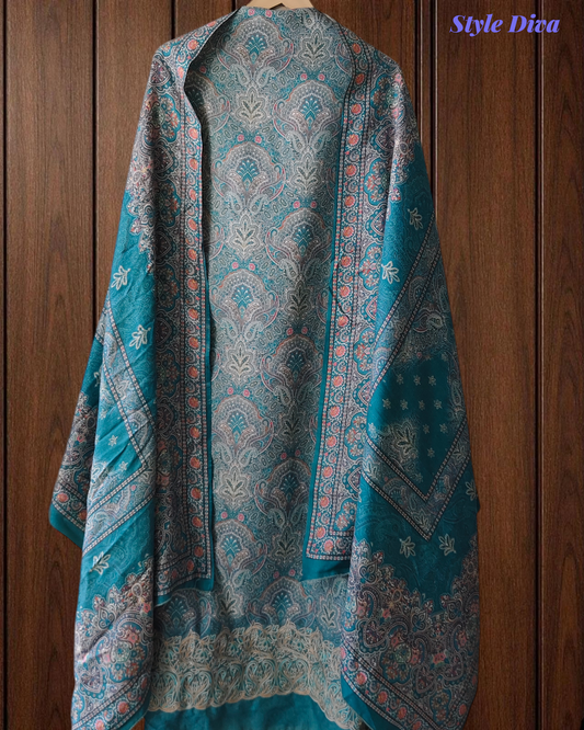 Winter Wear- Elegant Floral Pashmina Suit with Embroidered Daman Un-Stitched Suit