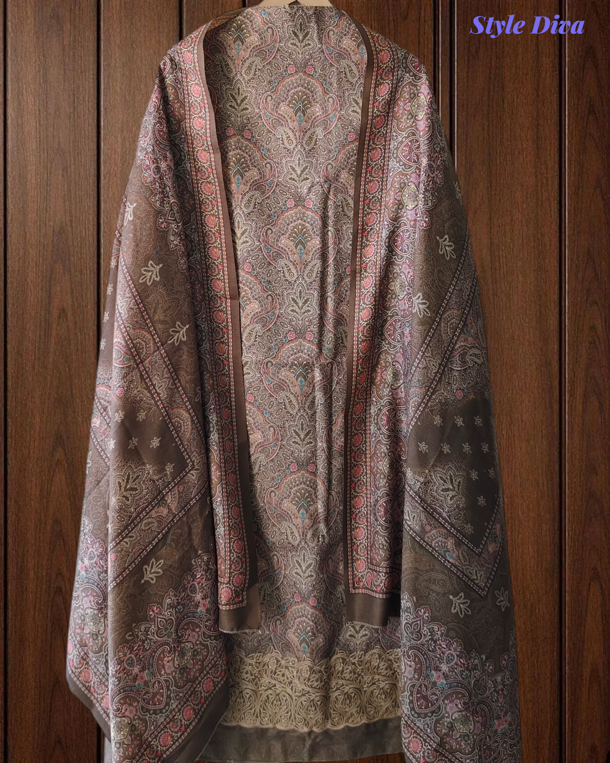 Winter Wear- Elegant Floral Pashmina Suit with Embroidered Daman Un-Stitched Suit