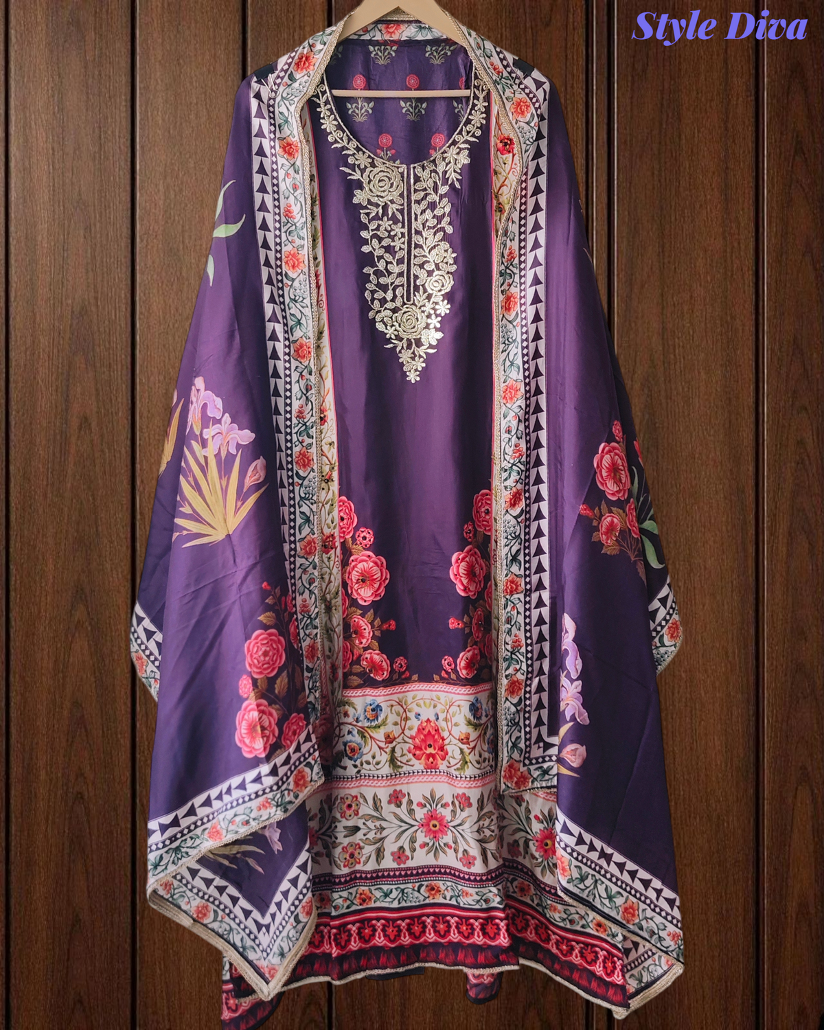 Graceful Muslin Semi-Stitched Suit with Pita Work Accents