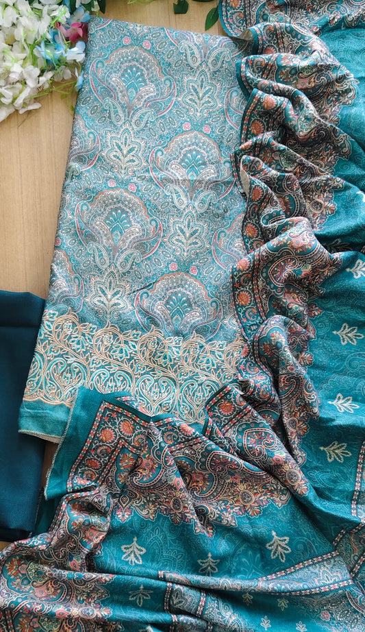 Winter Wear- Elegant Floral Pashmina Suit with Embroidered Daman Un-Stitched Suit