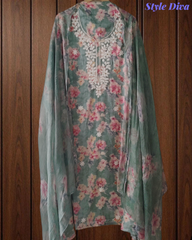 Lightweight Cotton Kurta with Floral Embroidery & Chiffon Dupatta