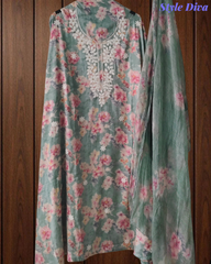 Lightweight Cotton Kurta with Floral Embroidery & Chiffon Dupatta