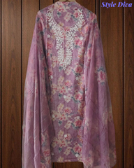 Lightweight Cotton Kurta with Floral Embroidery & Chiffon Dupatta