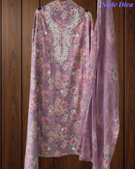 Lightweight Cotton Kurta with Floral Embroidery & Chiffon Dupatta