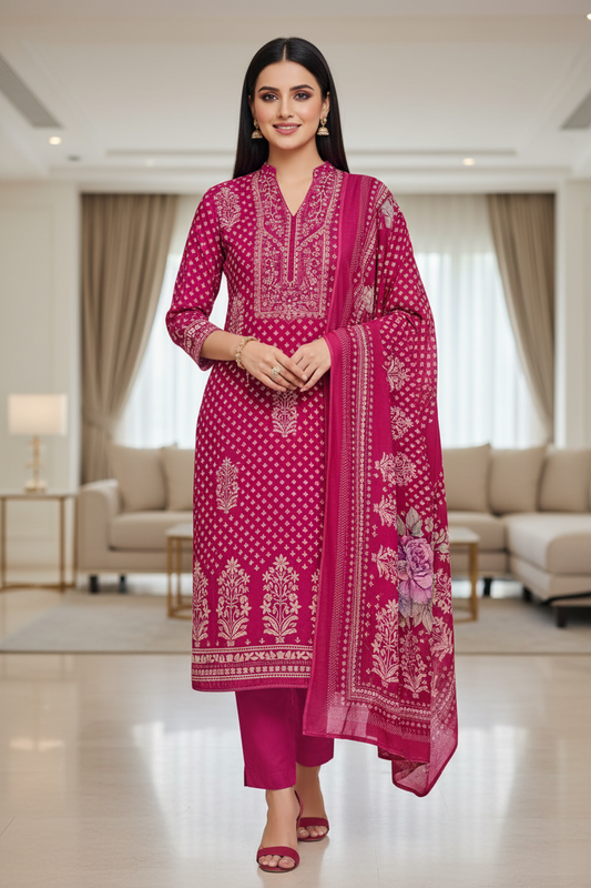 Elegant Glazed Cotton Un-Stitched Suit with Digital Print & Organza Embroidery Patch Work