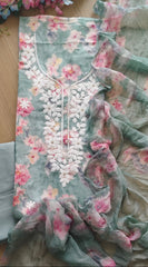 Lightweight Cotton Kurta with Floral Embroidery & Chiffon Dupatta