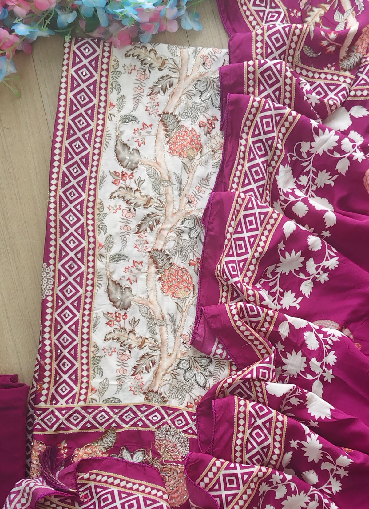 Muslin Digital Printed Un-Stitched Festive Suit with Zari & Swarovski Work
