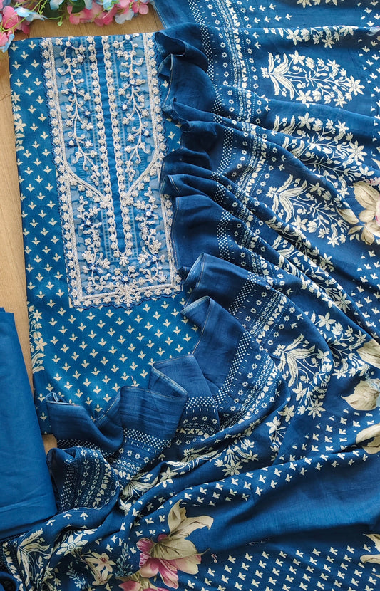 Elegant Glazed Cotton Un-Stitched Suit with Digital Print & Organza Embroidery Patch Work