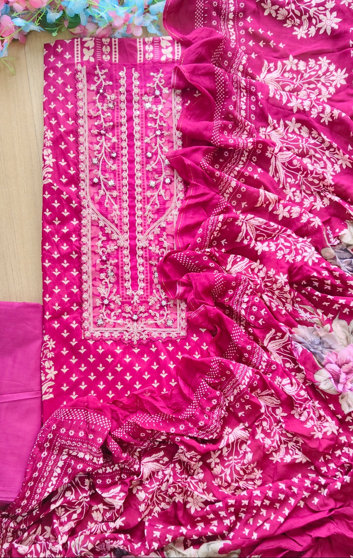 Elegant Glazed Cotton Un-Stitched Suit with Digital Print & Organza Embroidery Patch Work