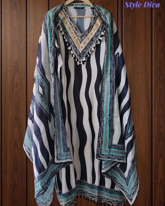 Muslin Digital Printed Un-Stitched Festive Suit with Zari & Swarovski Work